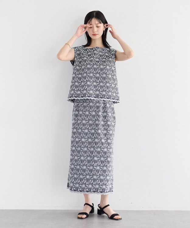 YECCA VECCA フラワーレースロングナロースカート Navy