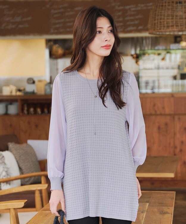 Tiaclasse L 【新色追加・洗える】シアーチェック柄ニットチュニック ラベンダー