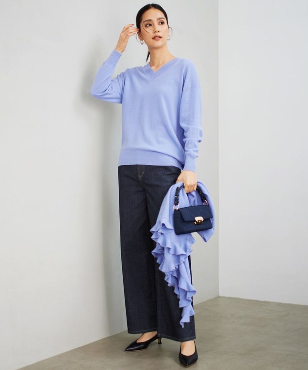 自由区 L 【洗える】ピュアカシミヤVネック ニット テンダーブルー