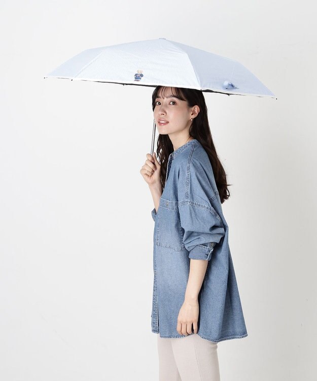 MOONBAT 【WEB限定/遮光率100%/遮熱/UV】POLO RALPH LAUREN（ポロ ラルフローレン）晴雨兼用日傘 ワンポイント ポロベア 折りたたみ傘 ポーチタイプ サックスブルーストライプ