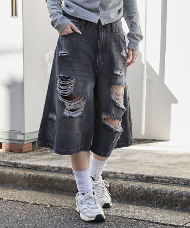 WEGO ダメージデニムハーフパンツ デニムブラックソノタ