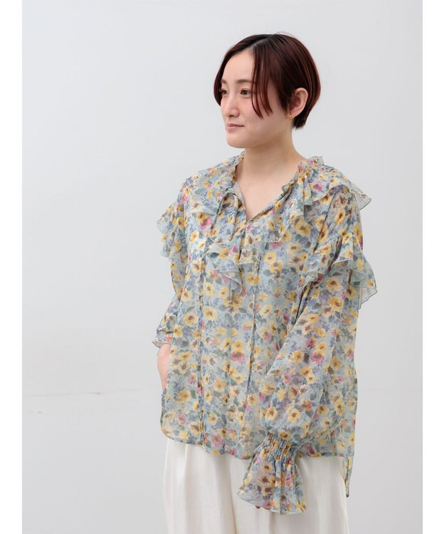 Te chichi フラワープリントフリルブラウス グレー