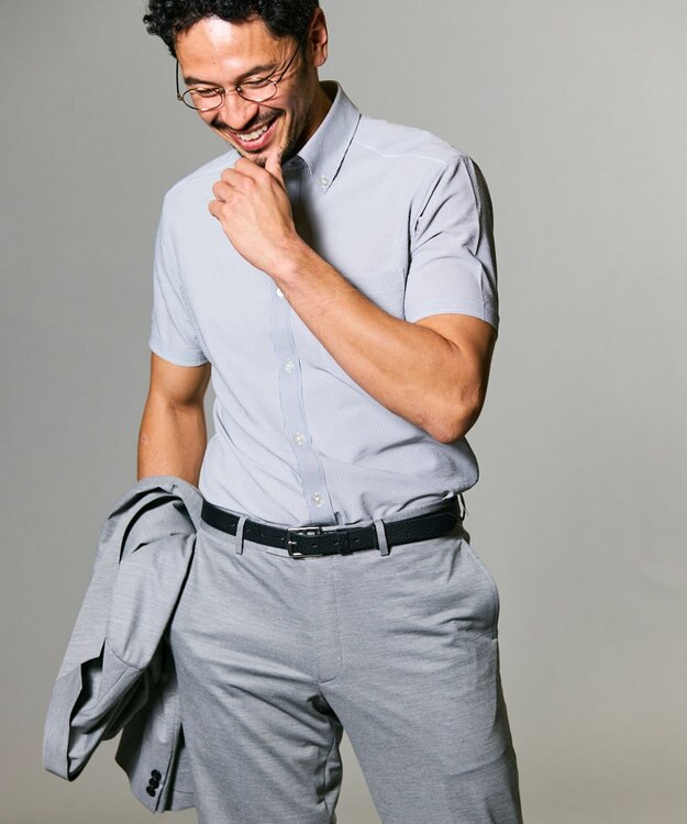 GOTAIRIKU とにかく涼しい/酷暑対応【シワになりにくい/吸水速乾】クールマックスサッカーシャツ グレー×白