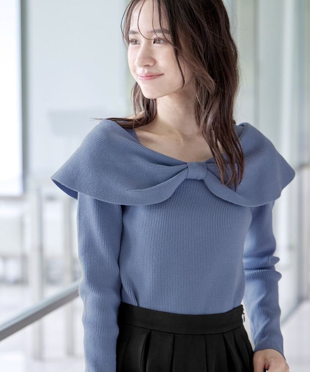 Tiaclasse リボン衿リブニットトップス ブルー