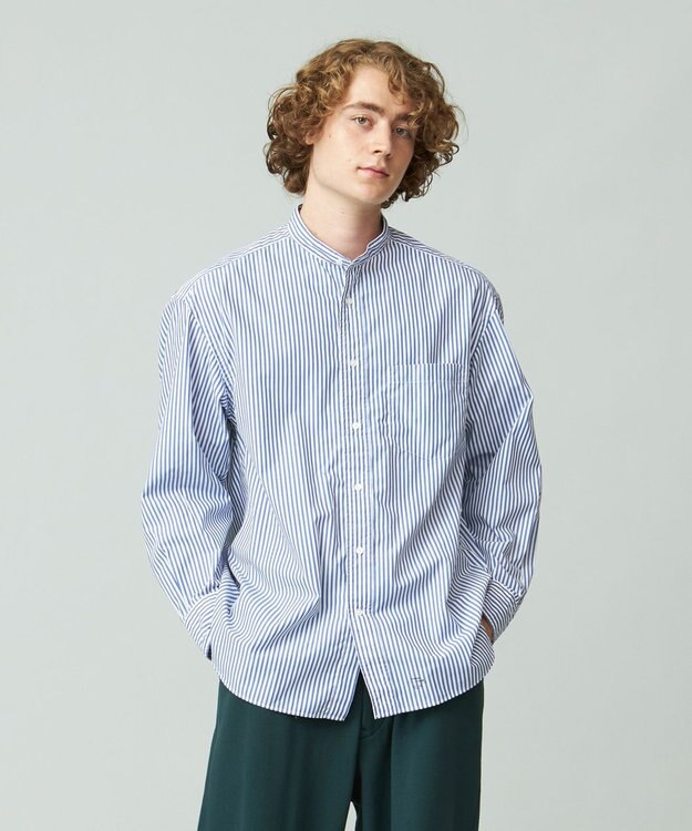 J.PRESS YORK STREET 【UNISEX】タイプライターストライプ バンドカラーシャツ ブルー系1