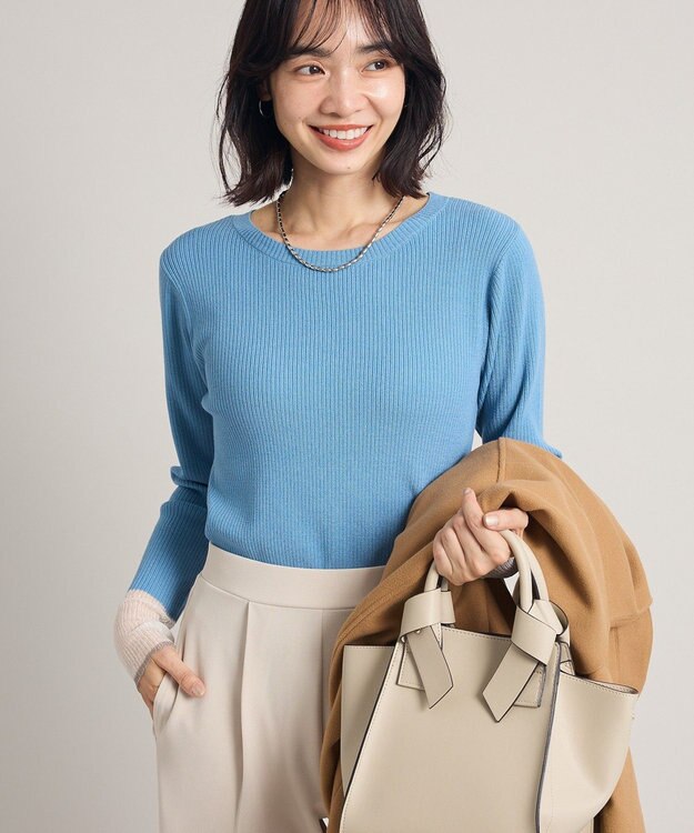 Green Parks アンチピリング袖シアーリブニットプルオーバー Blue