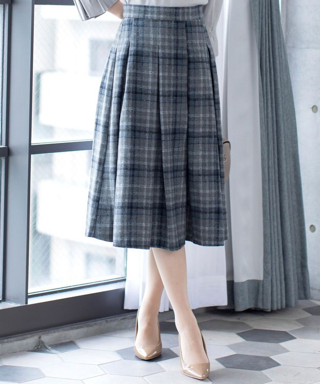 Tiaclasse L 【洗える】大人上品なウール調タックフレアスカート ブルーチェック