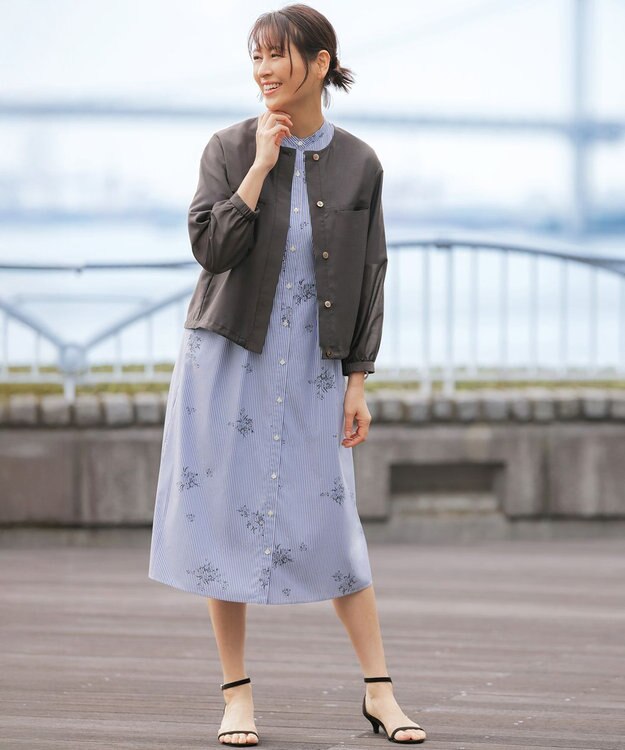 J.PRESS LADIES 【一枚で着映え】ストライプ×フラワープリント ワンピース ネイビーストライプ系