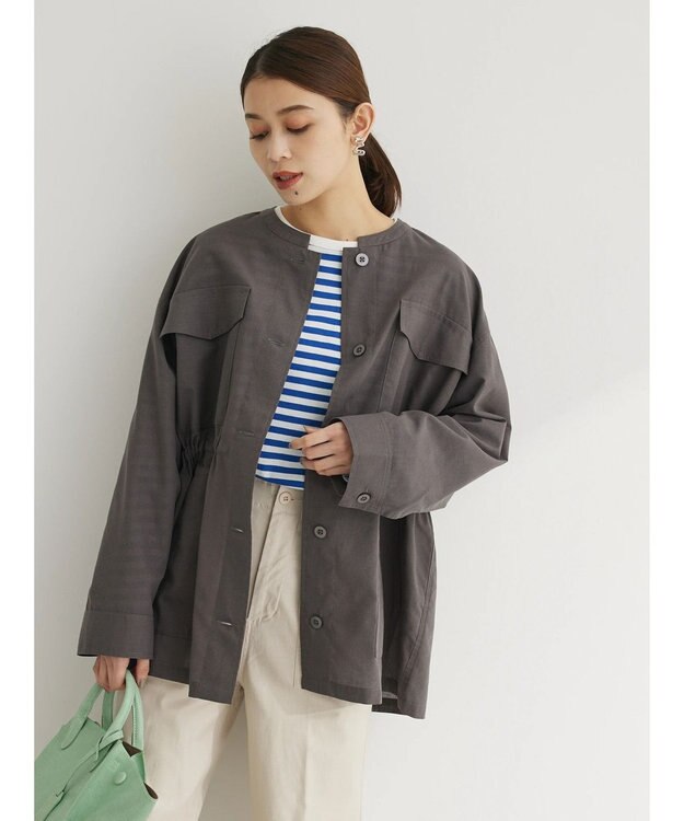 Green Parks 綿麻混ノーカラーブルゾン Gray