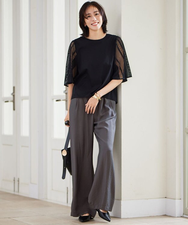 自由区 【洗える】レースエッジフレアスリーブ トップス ブラック