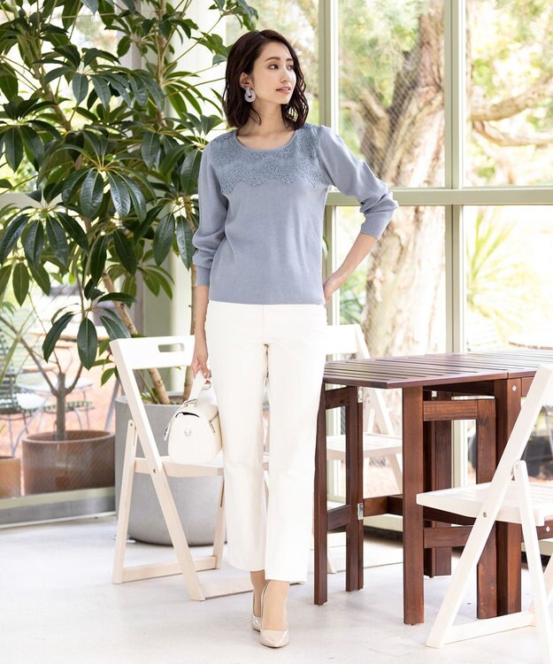 Tiaclasse L 【洗える】大人上品なスカラップレースコンビニット ブルー