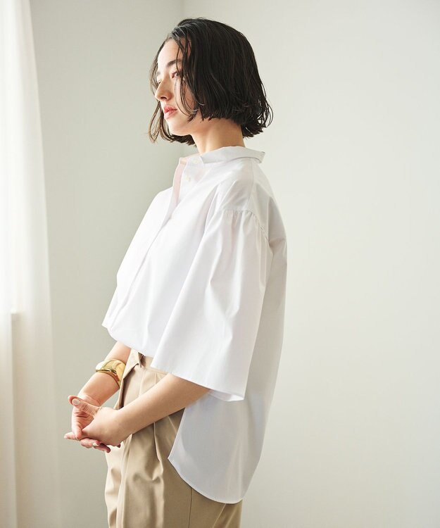 #Newans 【洗濯機可能/シワになりにくい】〈お尻・太ももをカバー〉フレアスリーブイタリアンカラーシャツ ホワイト