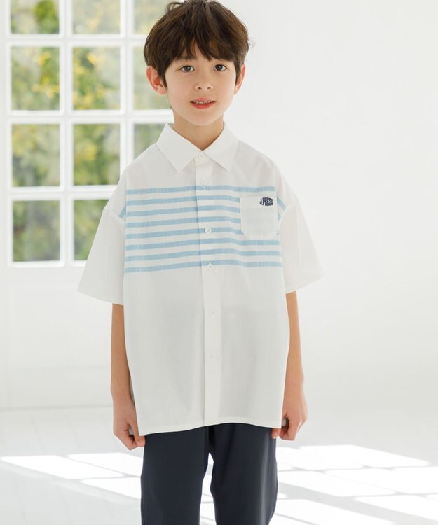 J.PRESS KIDS 【140-170cm】TCブロード パネルボーダープリント シャツ アイボリー系