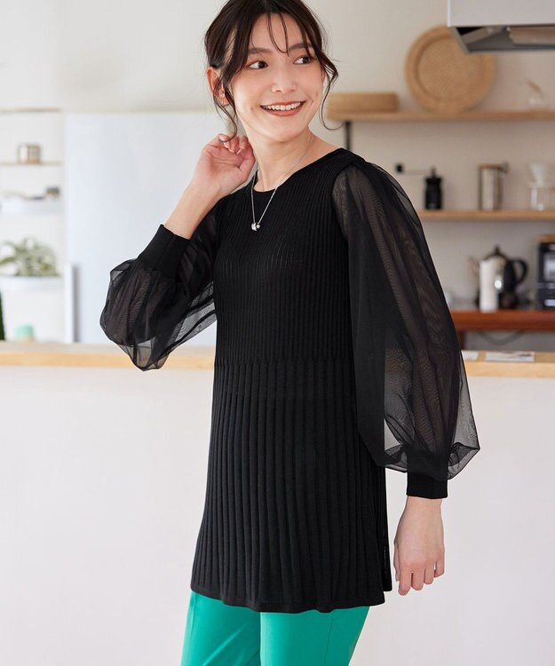 Tiaclasse チュールスリーブニットチュニック ブラック