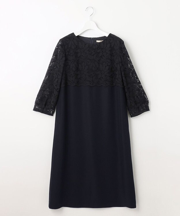 自由区 【XSサイズ～/洗える】フラワーコードレース サックワンピース ネイビー系