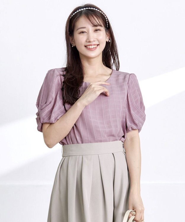 Tiaclasse 【洗える】ツイスト袖チェックブラウス ピンク