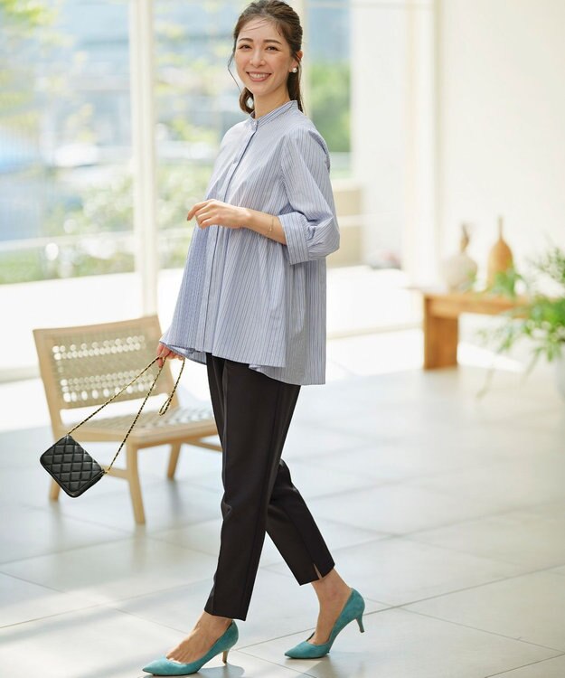 組曲 L 【WEB限定】コンパクトシャーティング ペプラムブラウス ブルーストライプ系1