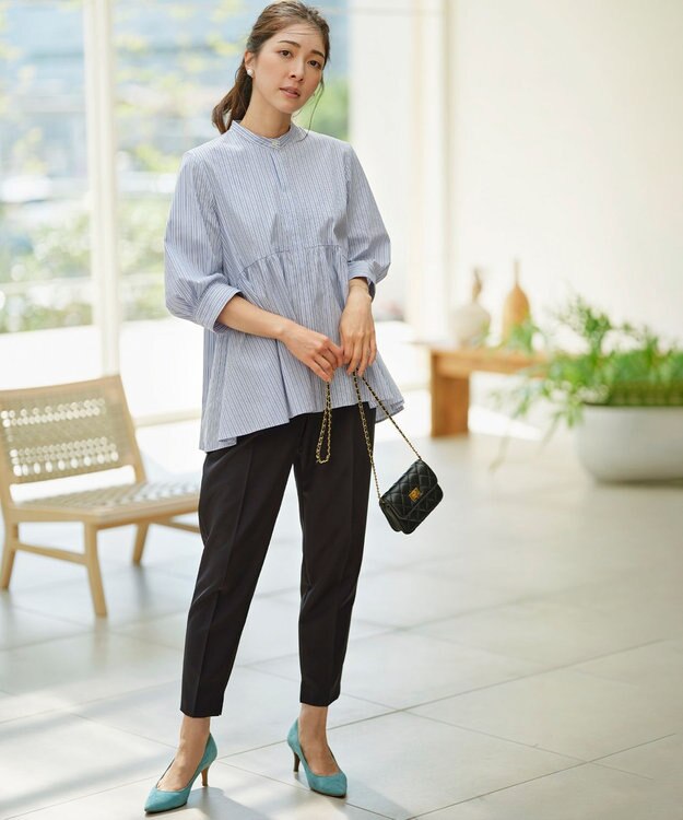 組曲 L 【WEB限定】コンパクトシャーティング ペプラムブラウス ブルーストライプ系1