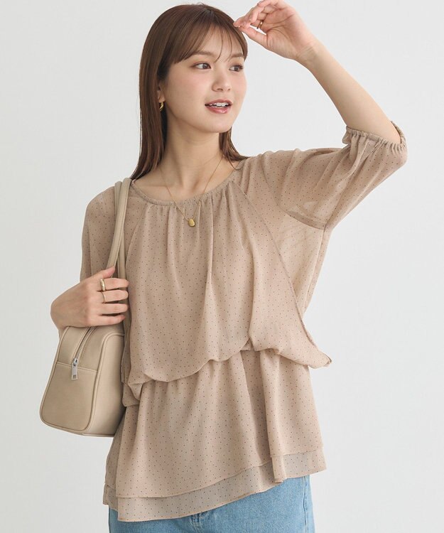 earth music&ecology レイヤードライクドット柄ブラウス Light Beige