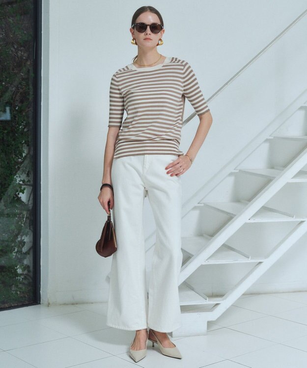 BEIGE， JULIE / コットンシルク 2WAY半袖ニット Ecru×Taupe