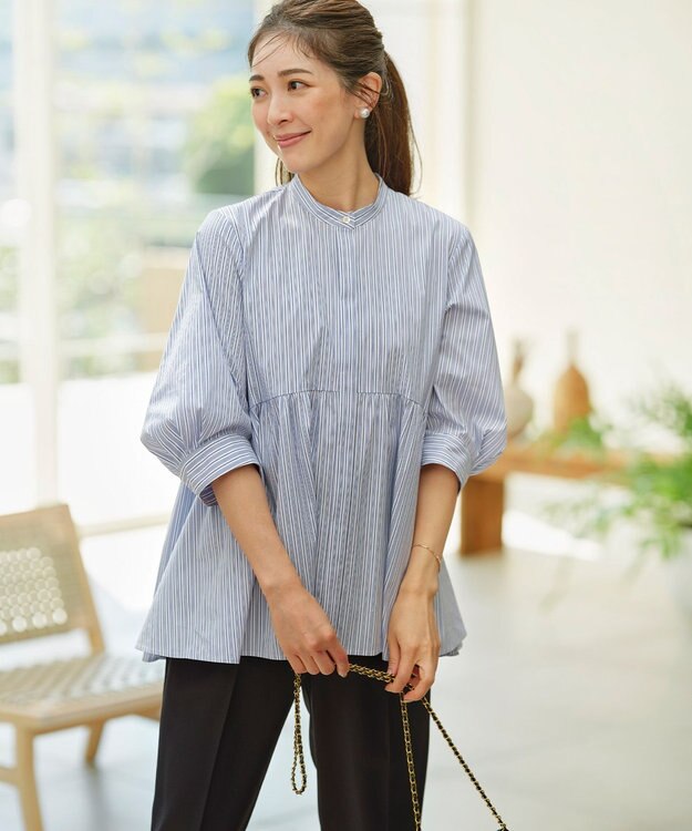 組曲 L 【WEB限定】コンパクトシャーティング ペプラムブラウス ブルーストライプ系1