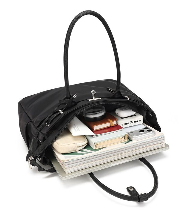 style code 【高密度ナイロン×レザー】ナイロンロングハンドルトートバッグ　軽量　大容量 BLK/SLV7692