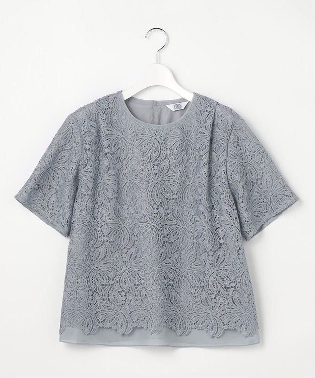 J.PRESS LADIES レースコンビジャージー カットソー グレイッシュブルー系