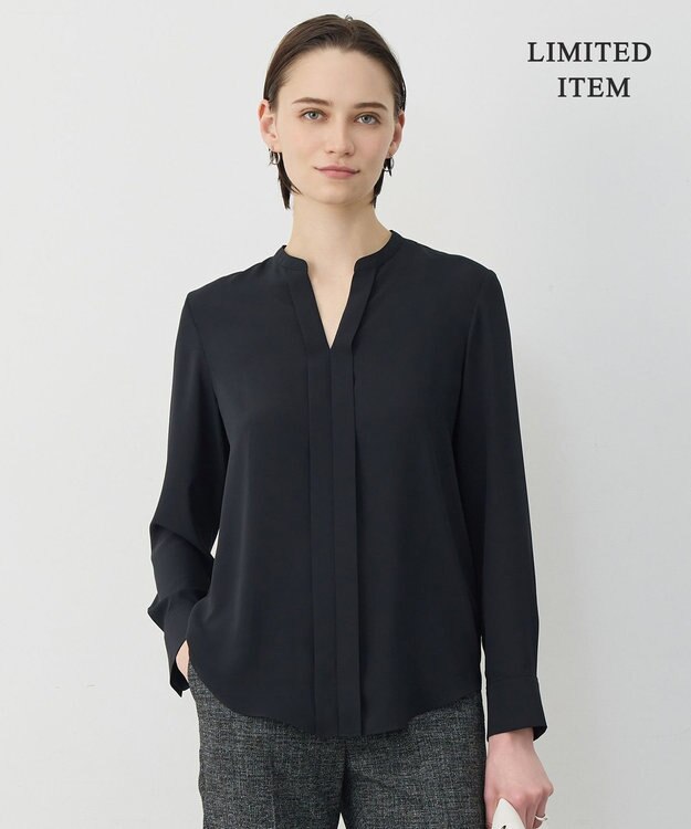 ICB 【新色追加・WEB限定】BackSatinAmunzen キーネックブラウス ブラック