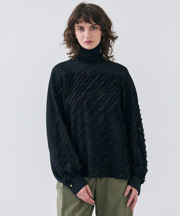 BEIGE， 【洗える】BANKSIA / ニットコンビカットジャカードブラウス Black