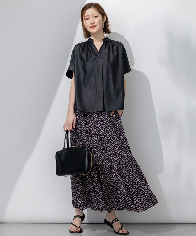 23区 【接触冷感/UVカット】ドライスラブストレッチ スキッパー ブラウス ダークネイビー系