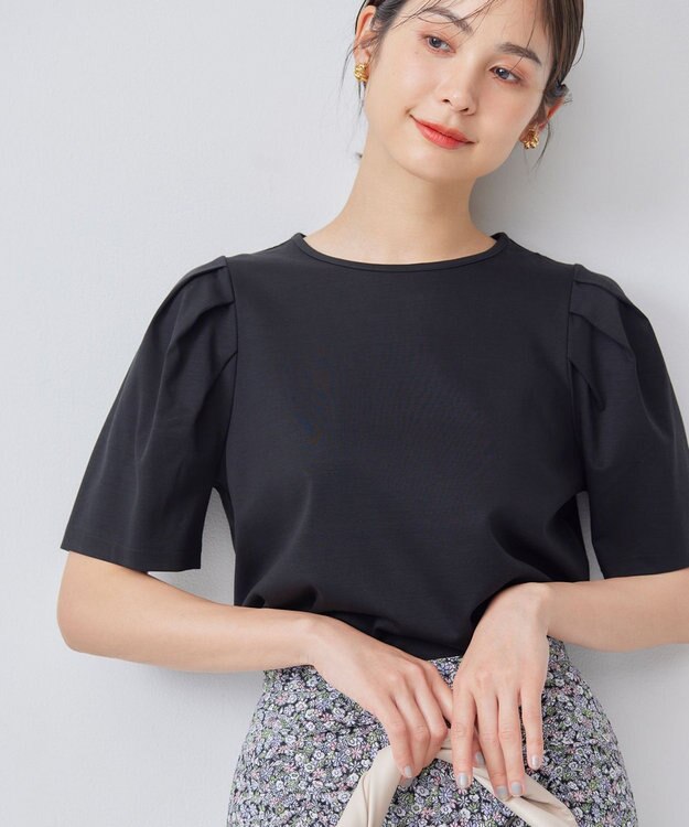 組曲 S 【洗える・接触冷感】タックスリーブポンチ カットソー ブラック系