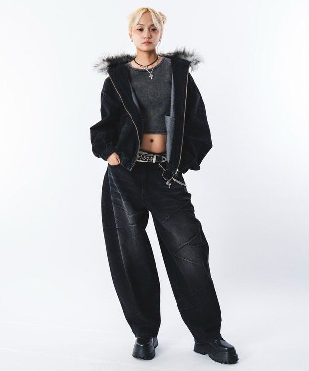 WEGO 【ユニセックス着用ITEM】ファーフードスラッシュデニムブルゾン デニムブラックソノタ