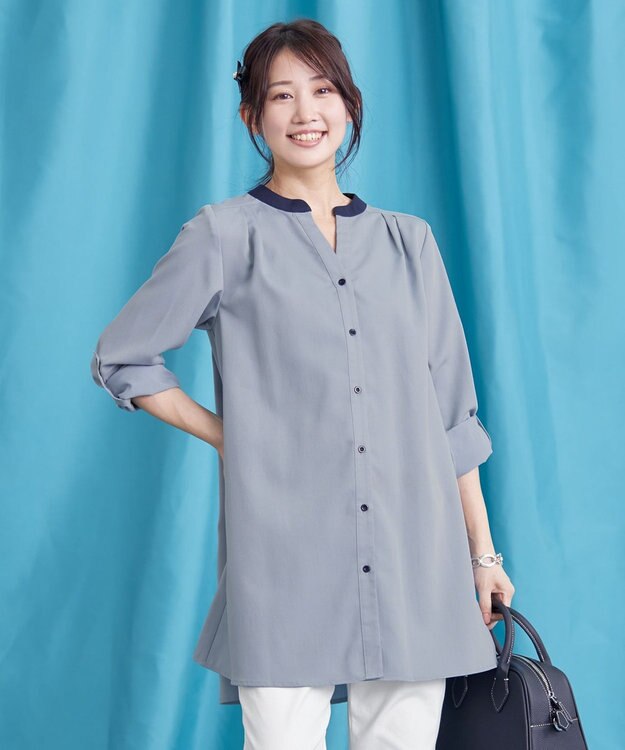 Tiaclasse 【洗える】クレリックシャツチュニックブラウス サックス×ネイビー