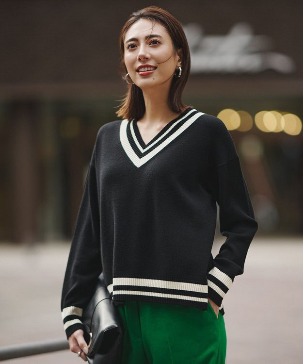 ICB ハイゲージソフトウール チルデンVネックプルオーバー ブラック×オフホワイト系