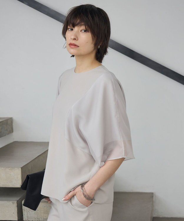 ICB 【UVケア・接触冷感・速乾・洗える】 FluidBackSatin  シアーコンビブラウス トープ系