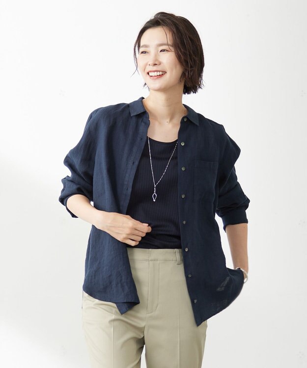J.PRESS LADIES 【洗える】リネン シャツ ネイビー系