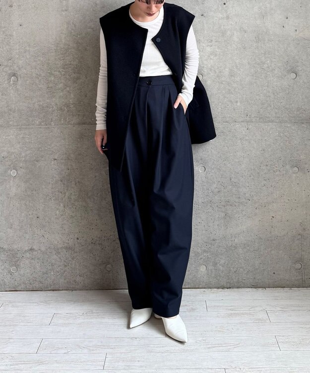 #Newans 【洗える】スラントフロントコクーンパンツ ネイビー