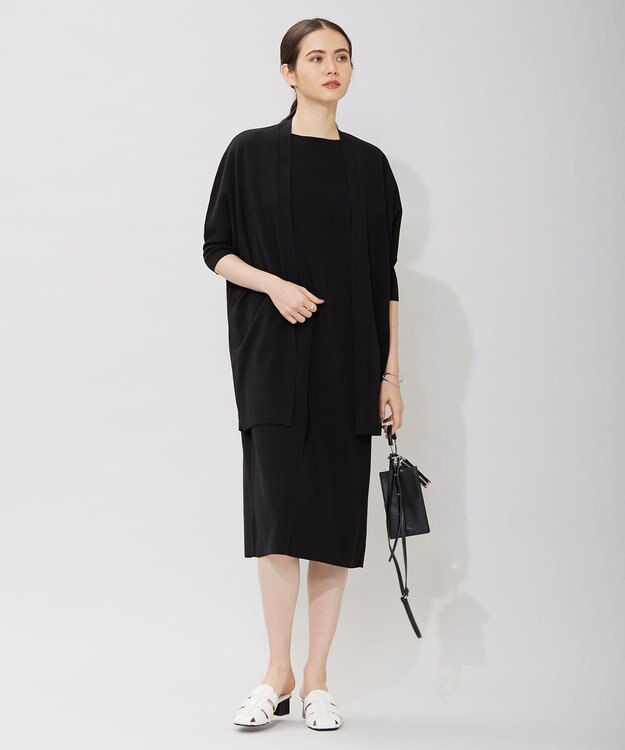 ICB 【洗える】ドライコットンアセテート ドレープスリーブワンピース ブラック系