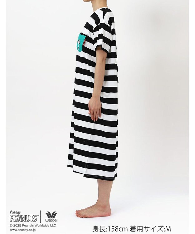 WACOAL ワコール_リラックス＆スリープ ネグリジェ 4分袖 綿100%(本体) PEANUTS スヌーピー ロング丈(ふくらはぎ付近) レディース FNT156 /ワコール ブラック