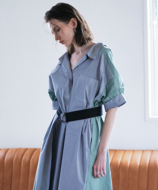 YECCA VECCA ベルト付きスキッパーシャツワンピース Stripe