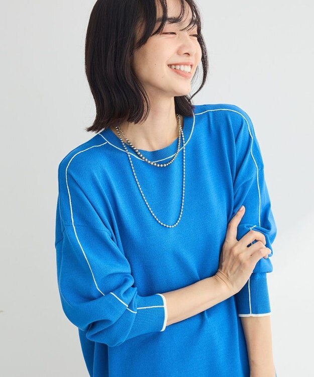 Green Parks アンチピリングライン入りニットプルオーバー Blue