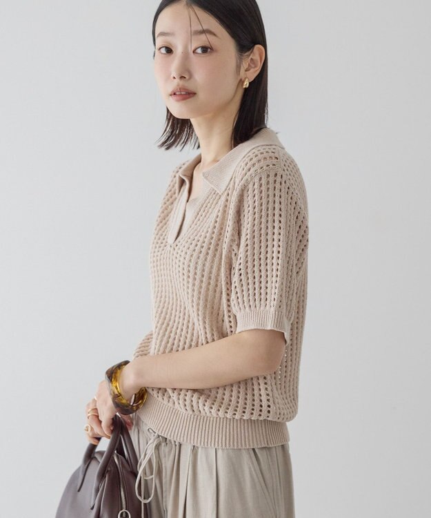 AMERICAN HOLIC 衿付きメッシュ編み半袖ニットプルオーバー Light Beige