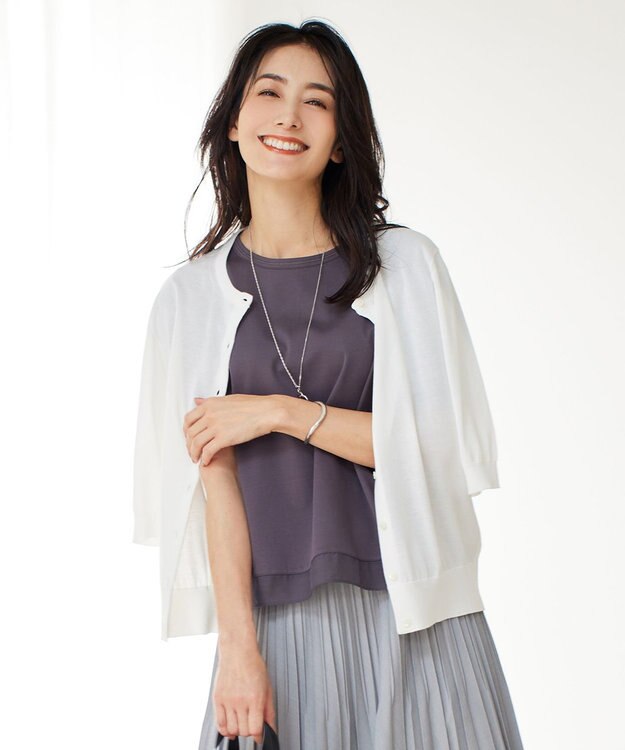 J.PRESS LADIES 【洗える・抗菌防臭】コットンアセテート クルーネック カーディガン ホワイト系