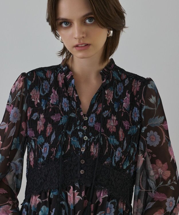 GRACE CONTINENTAL サラサプリントティアードワンピース ブラック