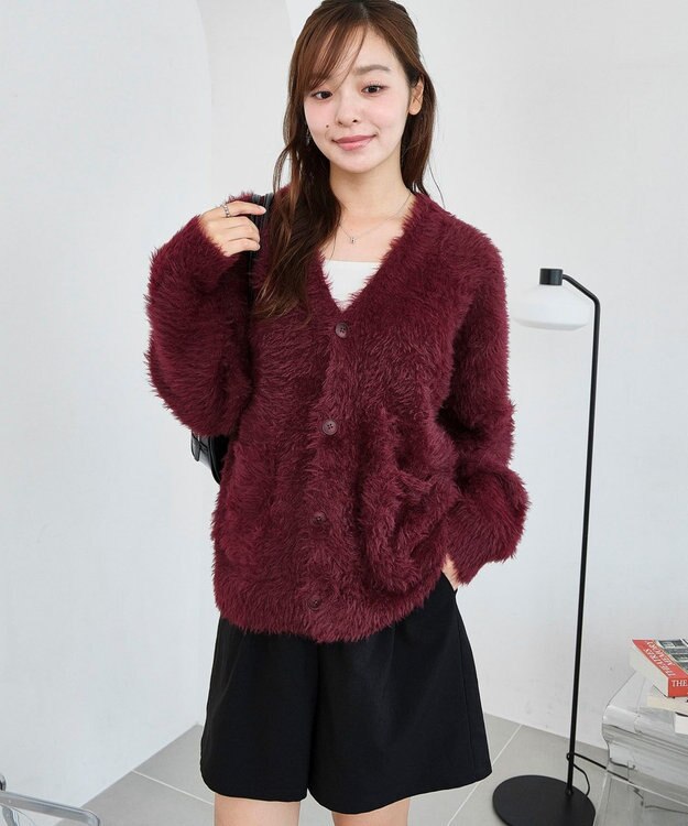 WEGO 【2025秋冬新作/ユニセックス着用ITEM/SMLサイズ展開】フェザーニットカーディガン ワイン
