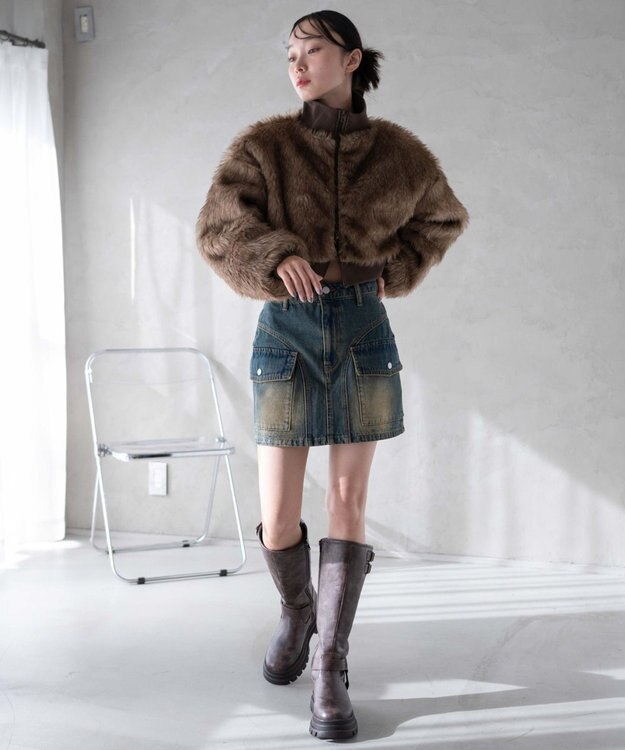 WEGO ヴィンテージウォッシュカーゴミニスカート デニム中濃加工色