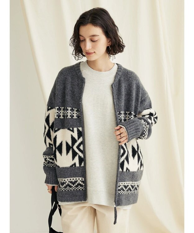 CRAFT STANDARD BOUTIQUE オルテガ柄ニットＺＩＰブルゾン Gray