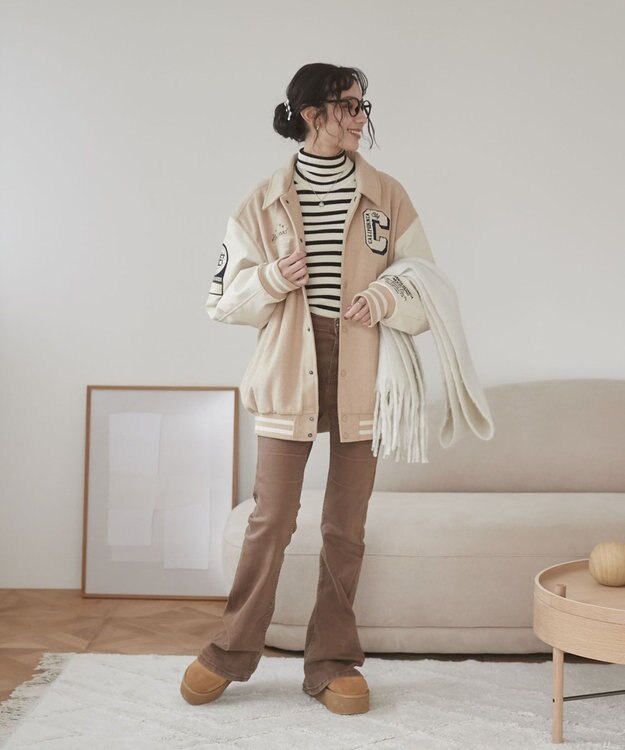 WEGO 【ユニセックス着用ITEM/SMLサイズ展開】メルトンワッペンスタジャン ベージュ