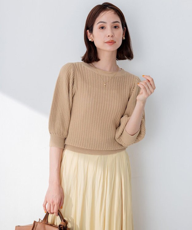 組曲 L 【洗える】CHAIギャザースリーブ ニット ベージュ系