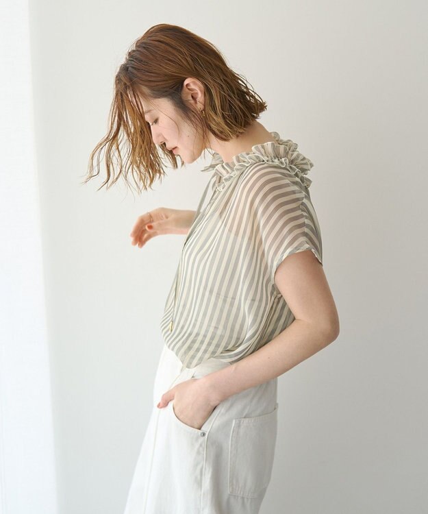 YECCA VECCA ギャザーリボンブラウス Stripe